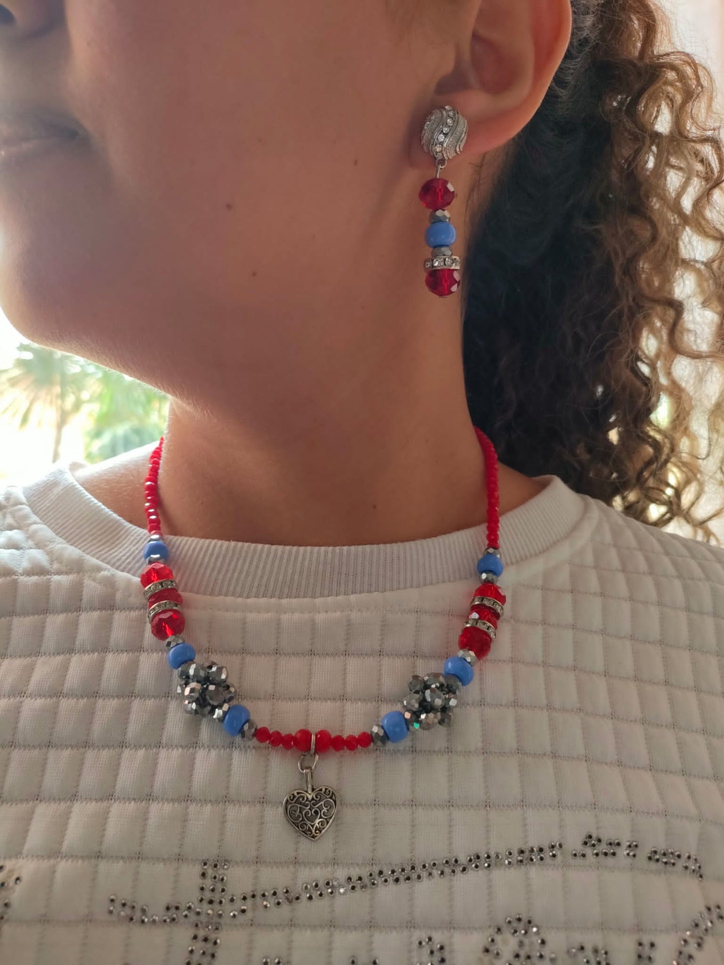 Red Silver Blue Beaded Crystal Whimsical Necklace/Earring Set handmade with Love Symbol