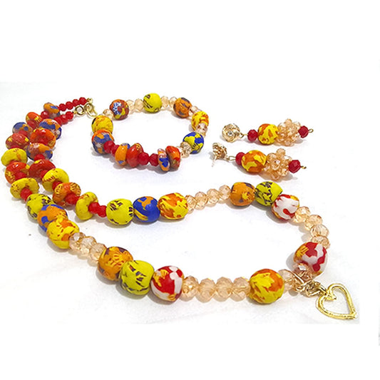 House Medley Round Fused Recycled Glass Beads, Long Necklace, Drop Earrings, Flex Bracelet Set -Mix Crystal
