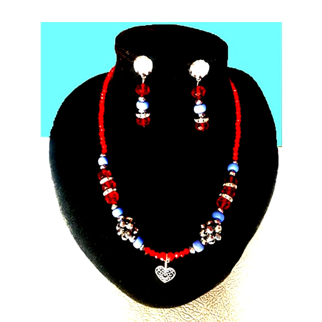 Red Silver Blue Beaded Crystal Whimsical Necklace/Earring Set handmade with Love Symbol