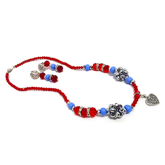 Red Silver Blue Beaded Crystal Whimsical Necklace/Earring Set handmade with Love Symbol